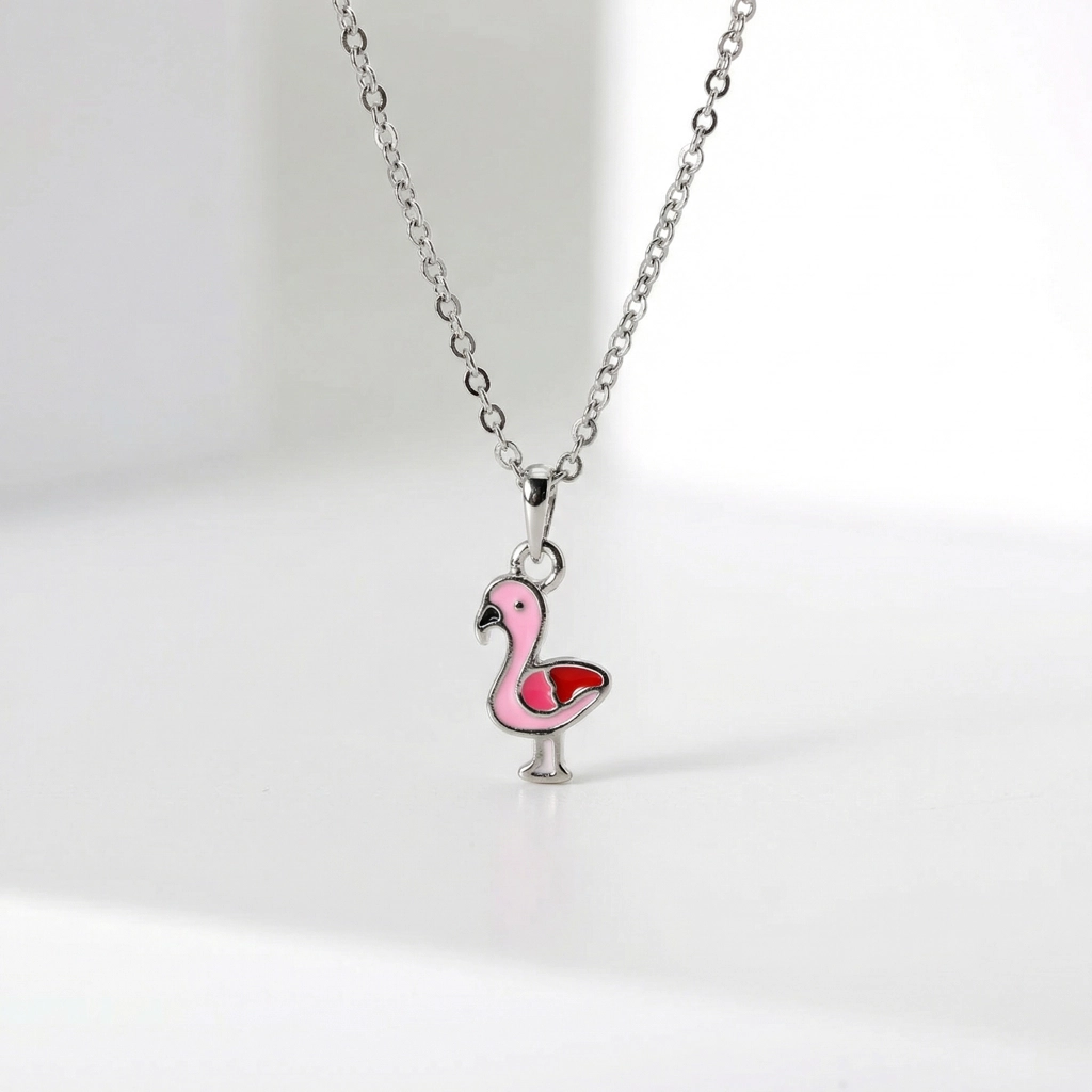 Sterling Silver Enamel Flamingo Necklace For Kids - Premium Jewelry
