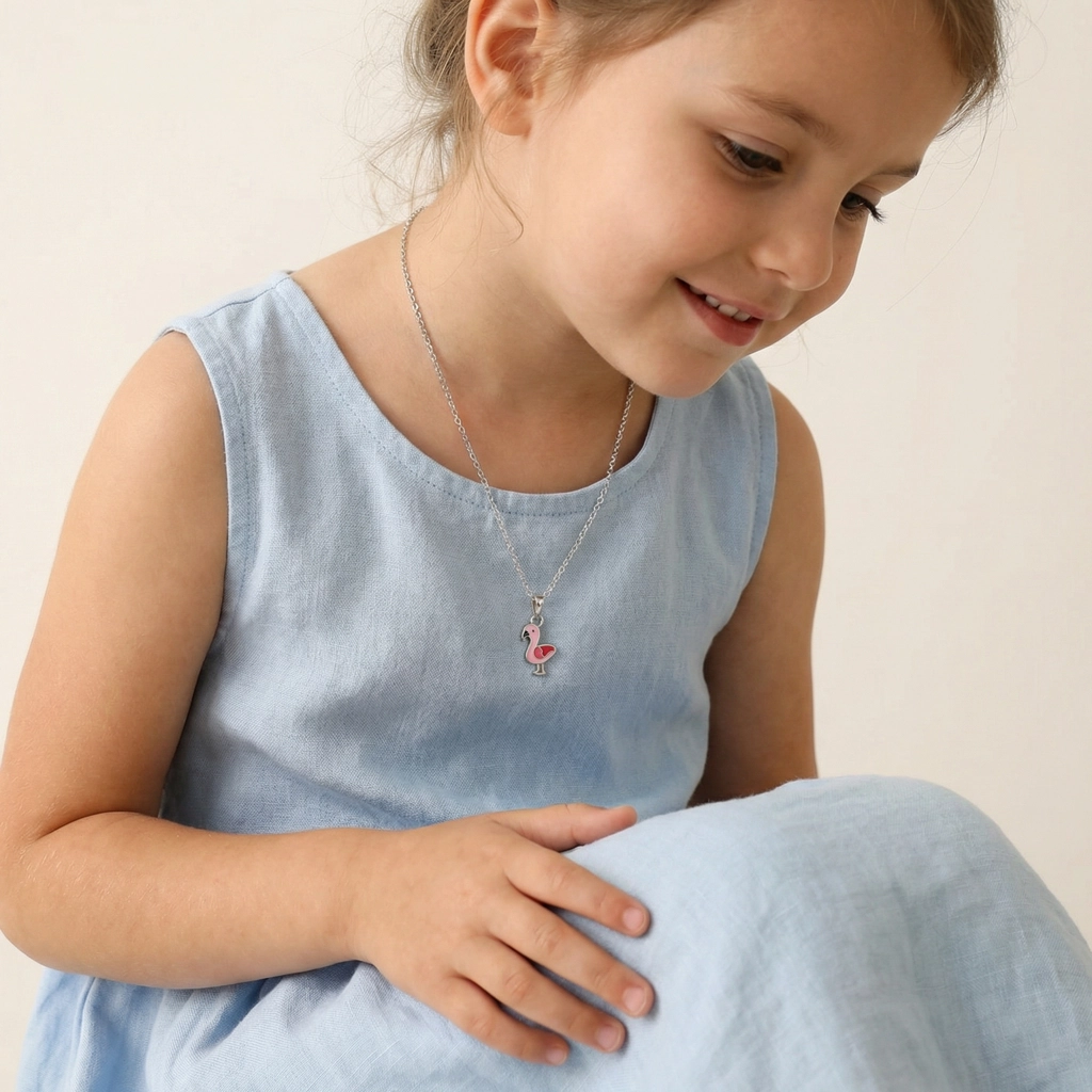 Sterling Silver Enamel Flamingo Necklace For Kids - Premium Jewelry