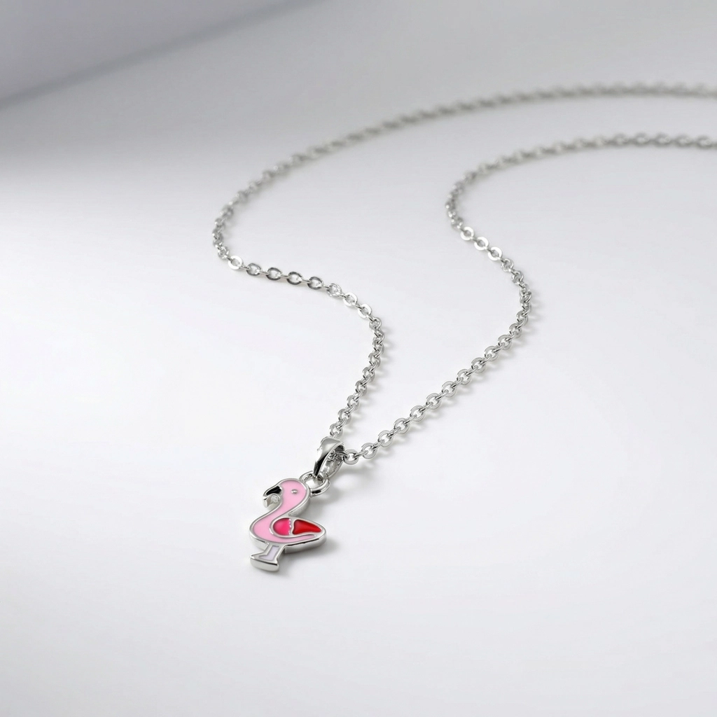 Sterling Silver Enamel Flamingo Necklace For Kids - Premium Jewelry