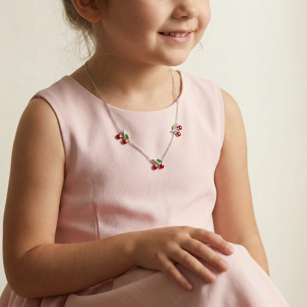 Sterling Silver Cherry Charm Necklace For Kids - Premium Jewelry