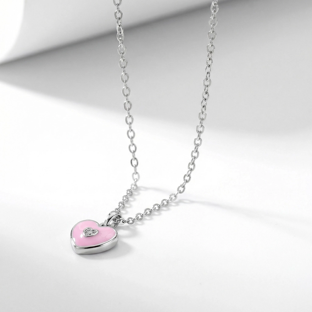 Sterling Silver Pink Heart Necklace For Kids - Premium Jewelry