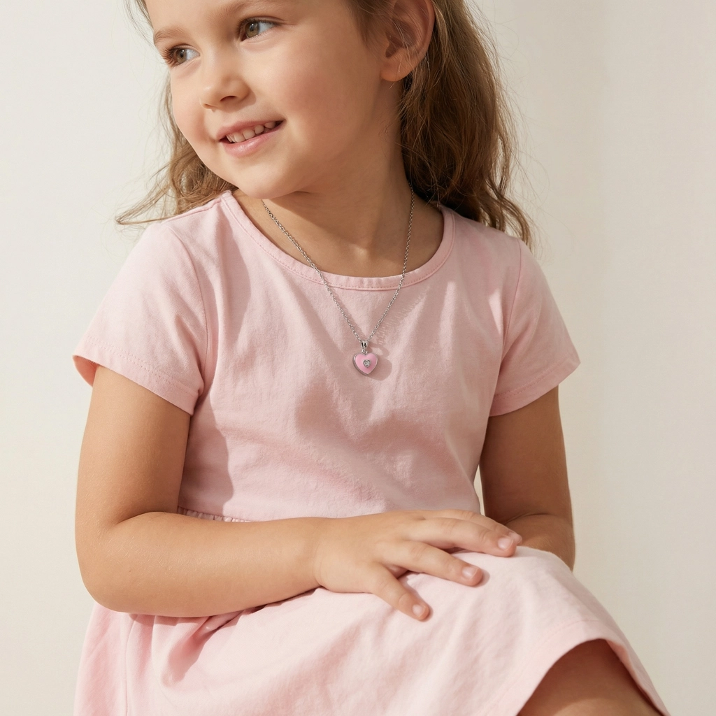 Sterling Silver Pink Heart Necklace For Kids - Premium Jewelry