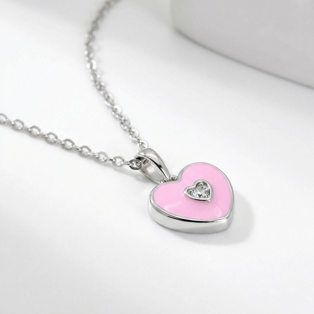 Sterling Silver Pink Heart Necklace For Kids - Premium Jewelry