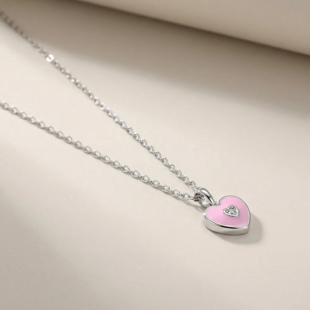 Sterling Silver Pink Heart Necklace For Kids - Premium Jewelry