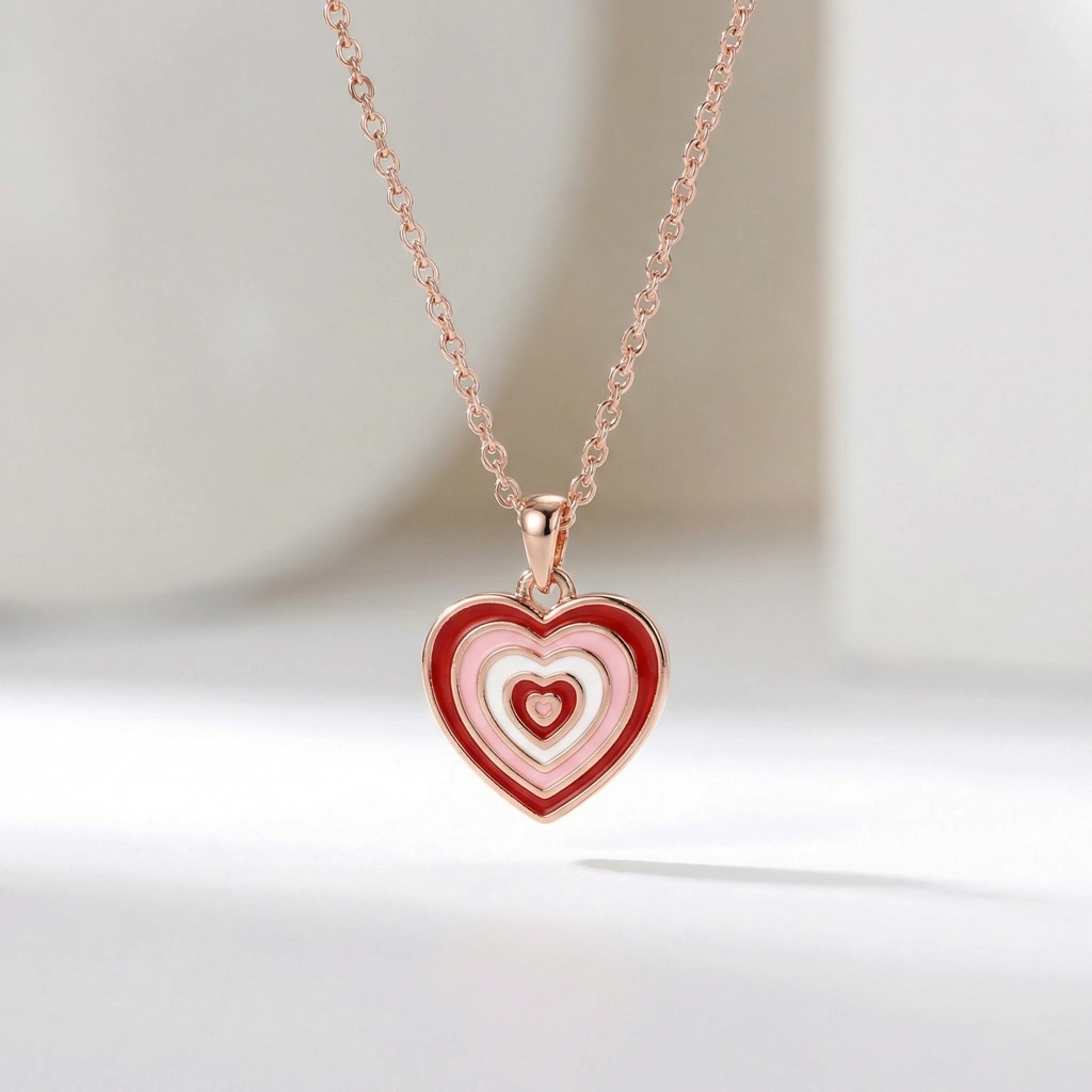 Rose Gold Enamel Heart Pendant Necklace - Premium Jewelry