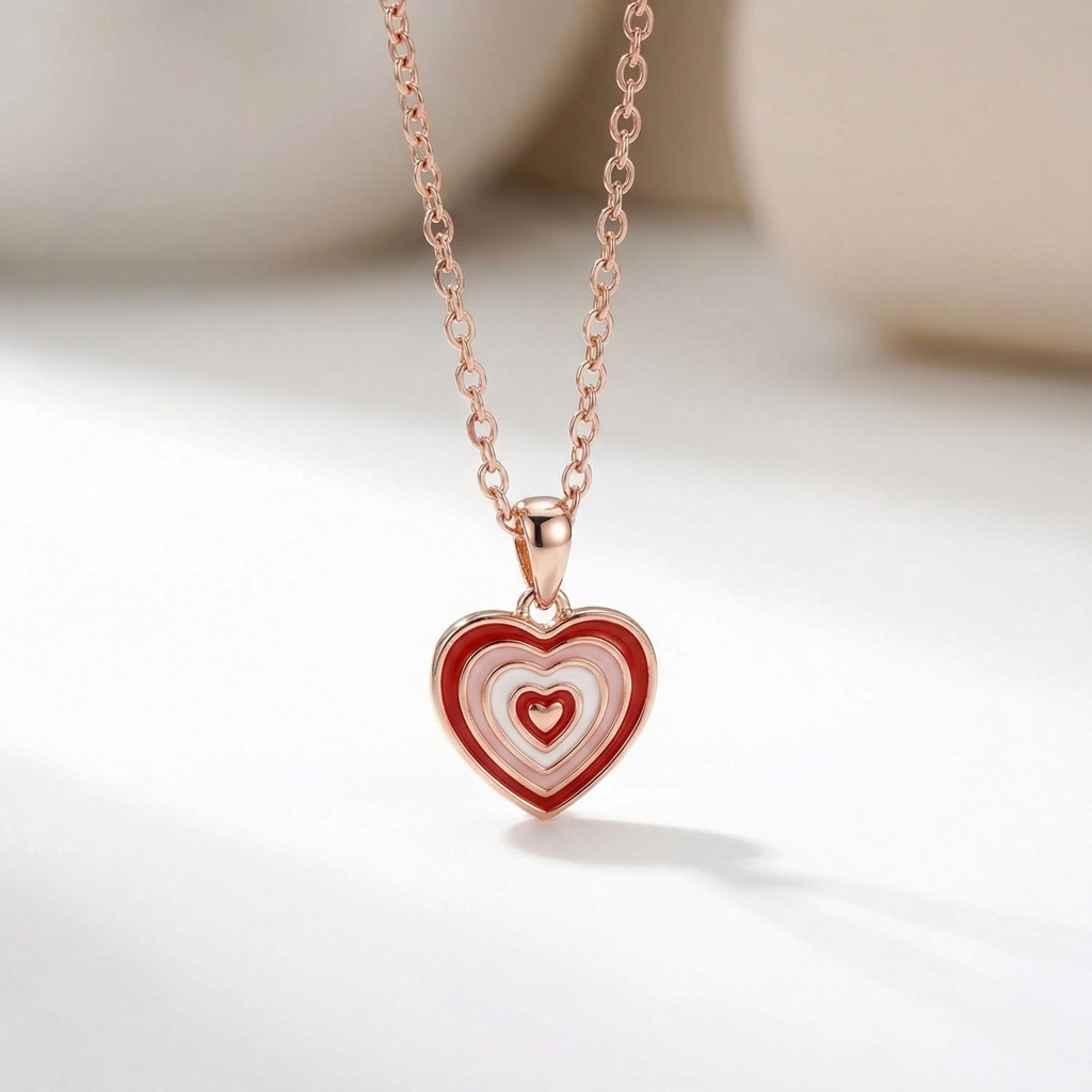 Rose Gold Enamel Heart Pendant Necklace - Premium Jewelry