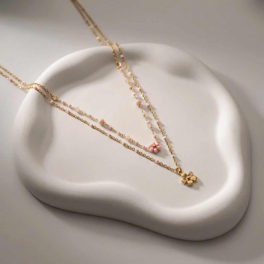 Double Layer Beaded Flower Necklace - Standard Jewelry
