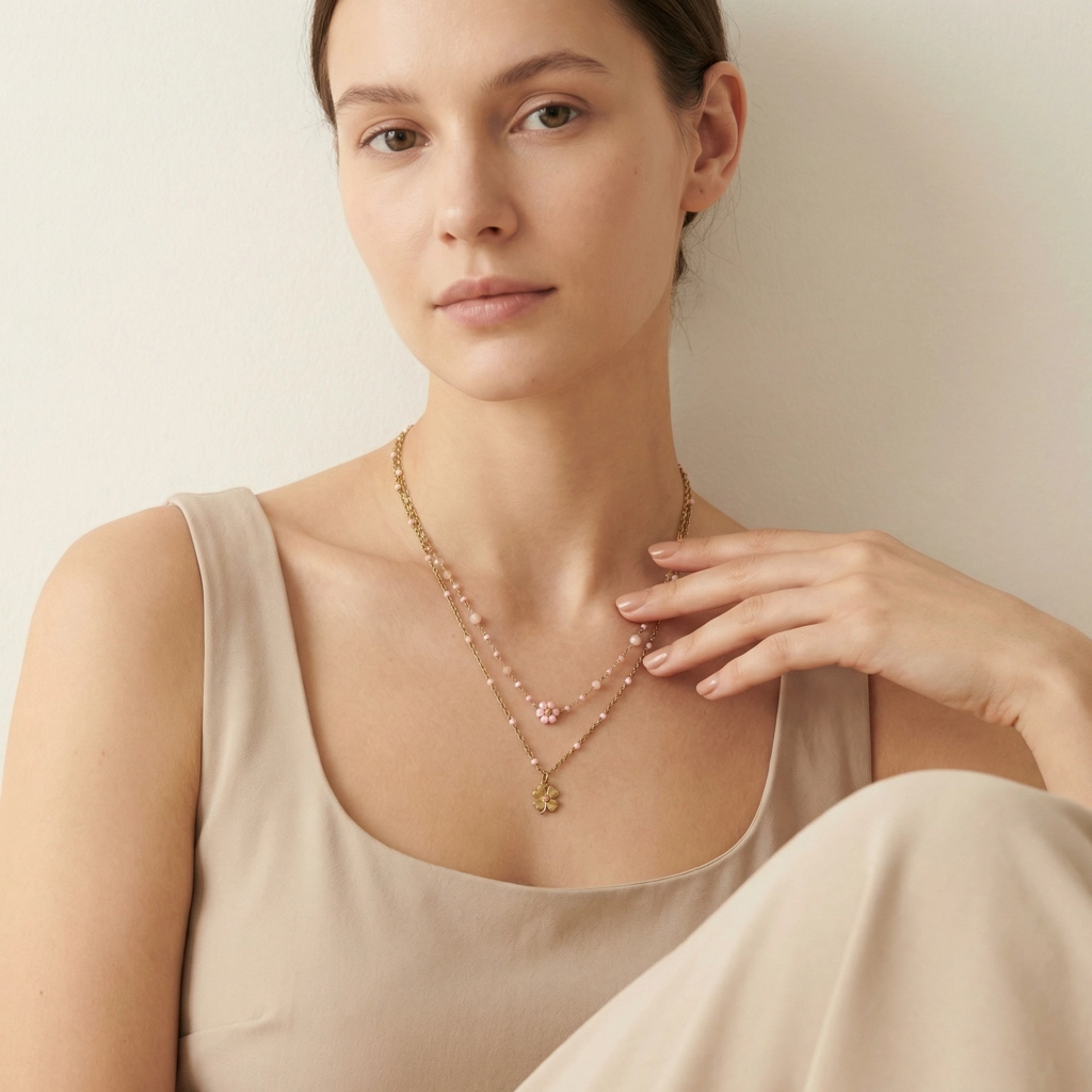 Double Layer Beaded Flower Necklace - Standard Jewelry