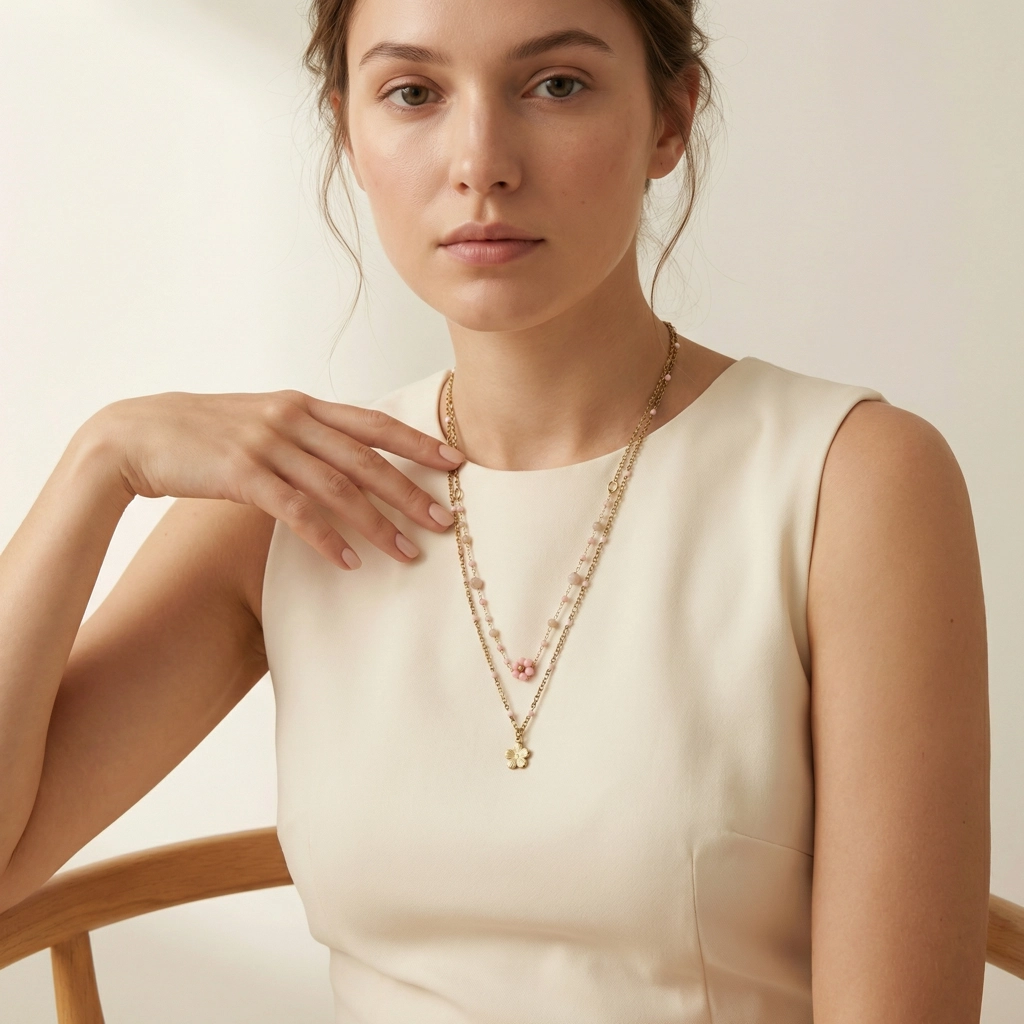 Double Layer Beaded Flower Necklace - Standard Jewelry