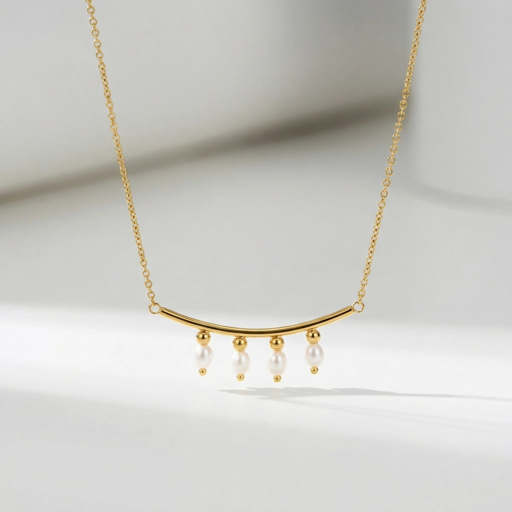Curved Bar Necklace With Four Freshwater Pearls - Premium Jewelry