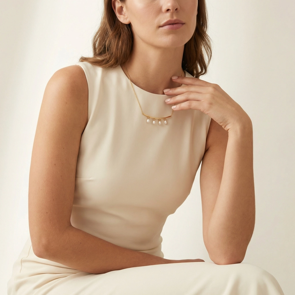 Curved Bar Necklace With Four Freshwater Pearls - Premium Jewelry