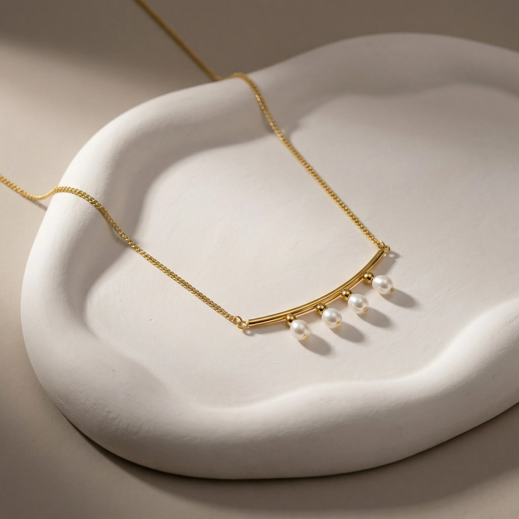 Curved Bar Necklace With Four Freshwater Pearls - Premium Jewelry