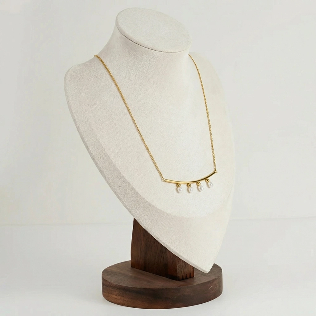 Curved Bar Necklace With Four Freshwater Pearls - Premium Jewelry
