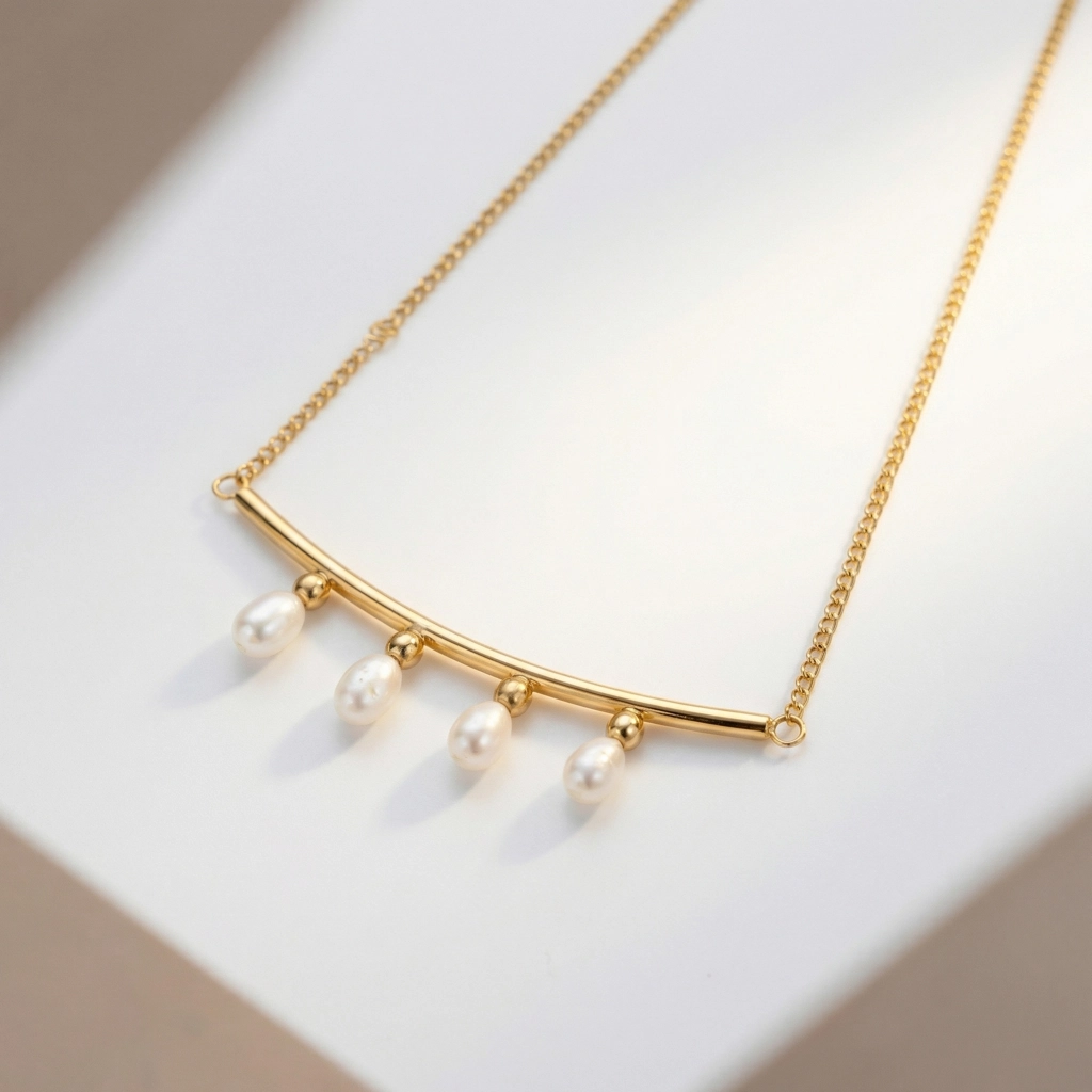 Curved Bar Necklace With Four Freshwater Pearls - Premium Jewelry