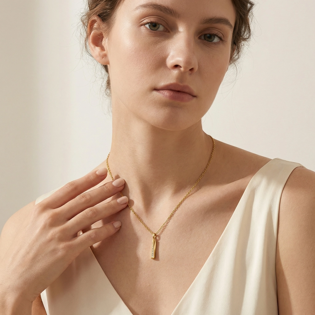 Gold Bar Pendant Necklace - Cubic Zirconia - Premium Jewelry