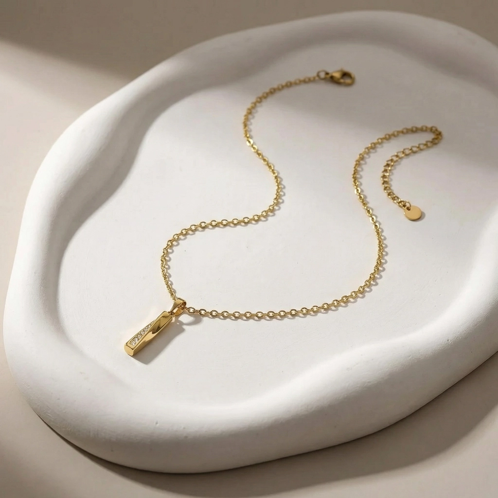 Gold Bar Pendant Necklace - Cubic Zirconia - Premium Jewelry