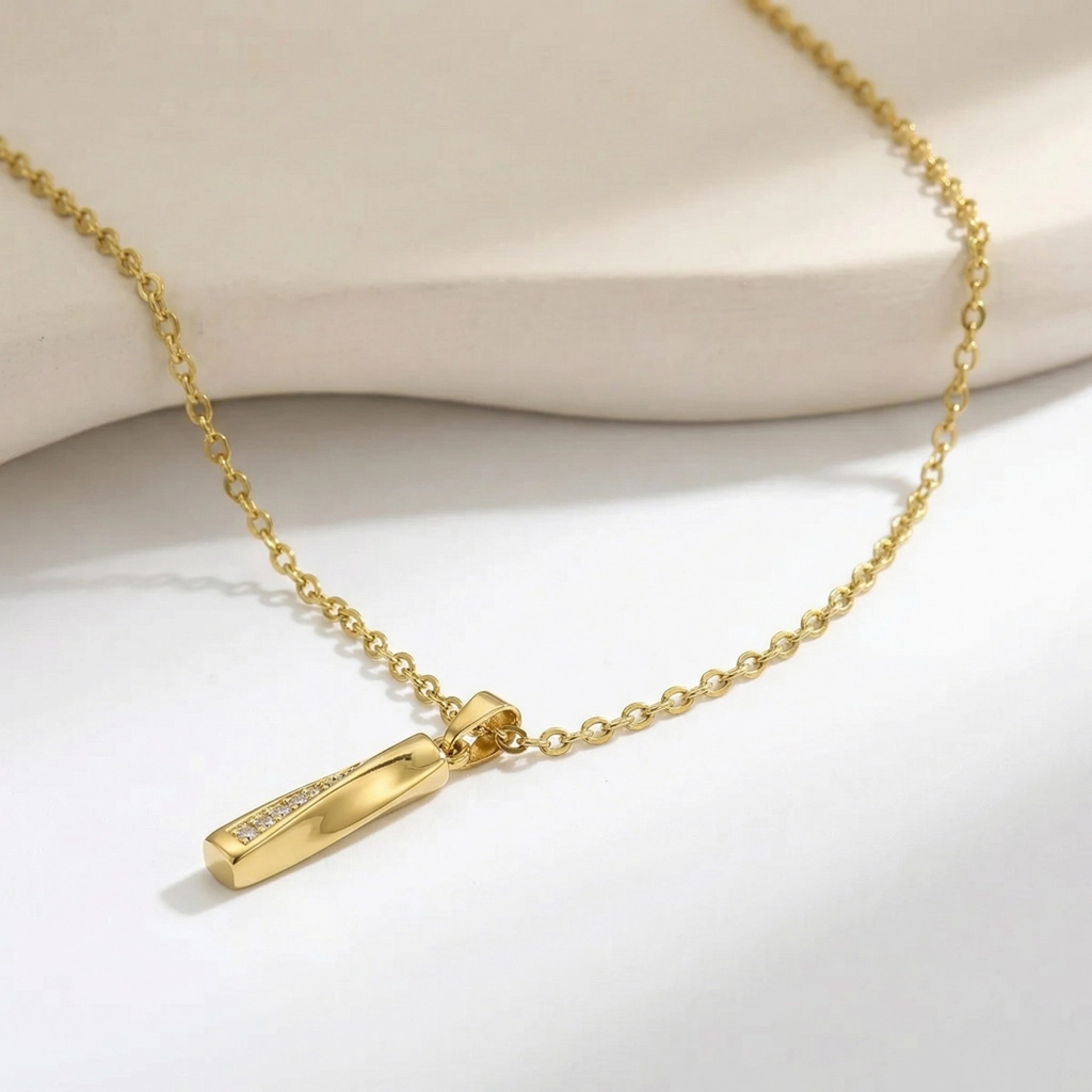 Gold Bar Pendant Necklace - Cubic Zirconia - Premium Jewelry