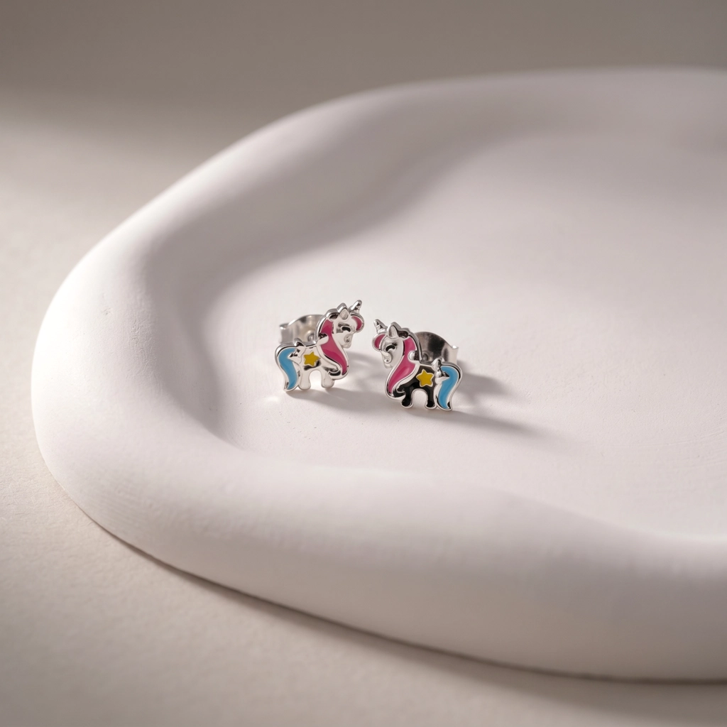 Rhodium Plated 925 Sterling Silver Funky Unicorn Stud Earrings For Kids - Premium Jewelry