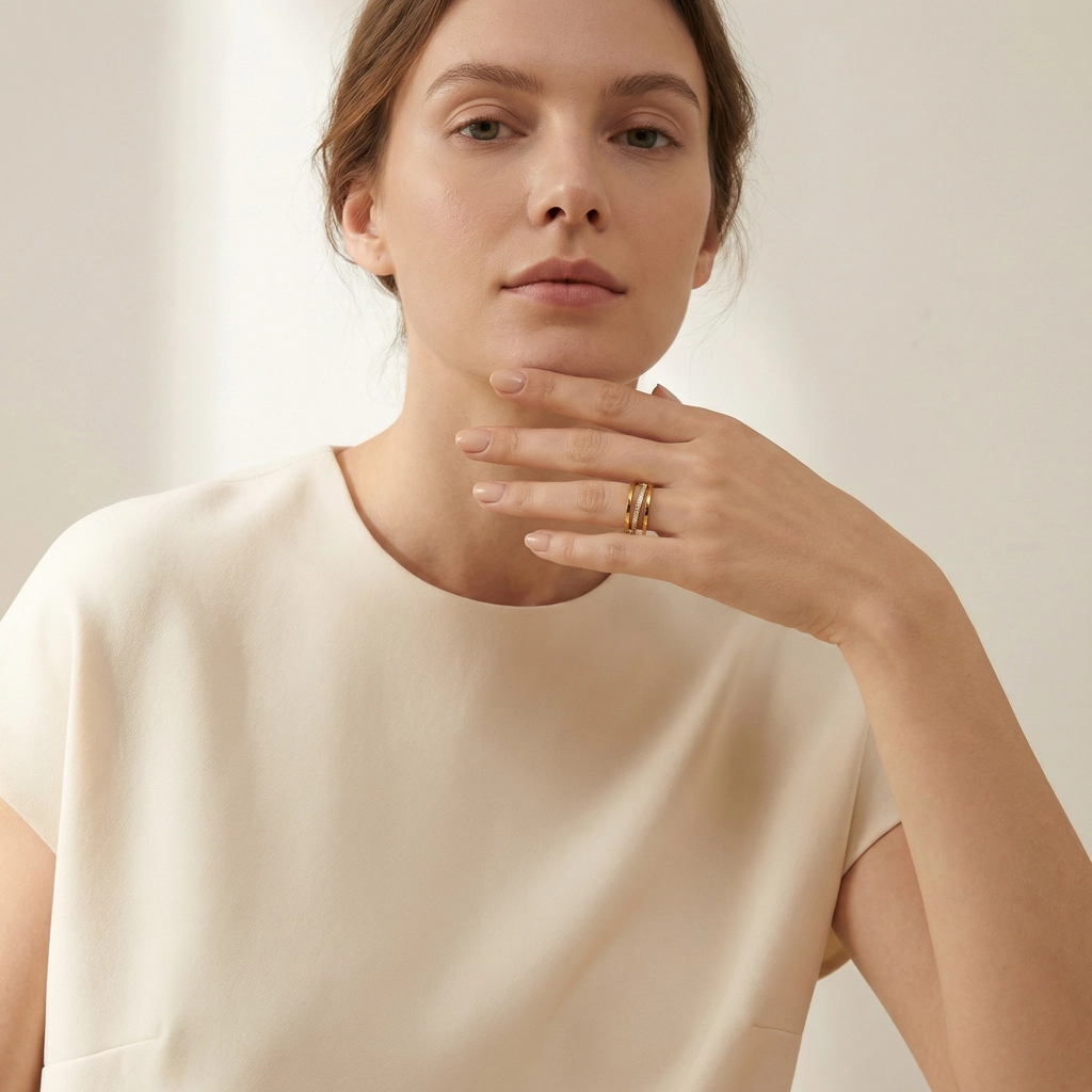 Triple Layer Zircon Stainless Steel Ring - Premium Jewelry