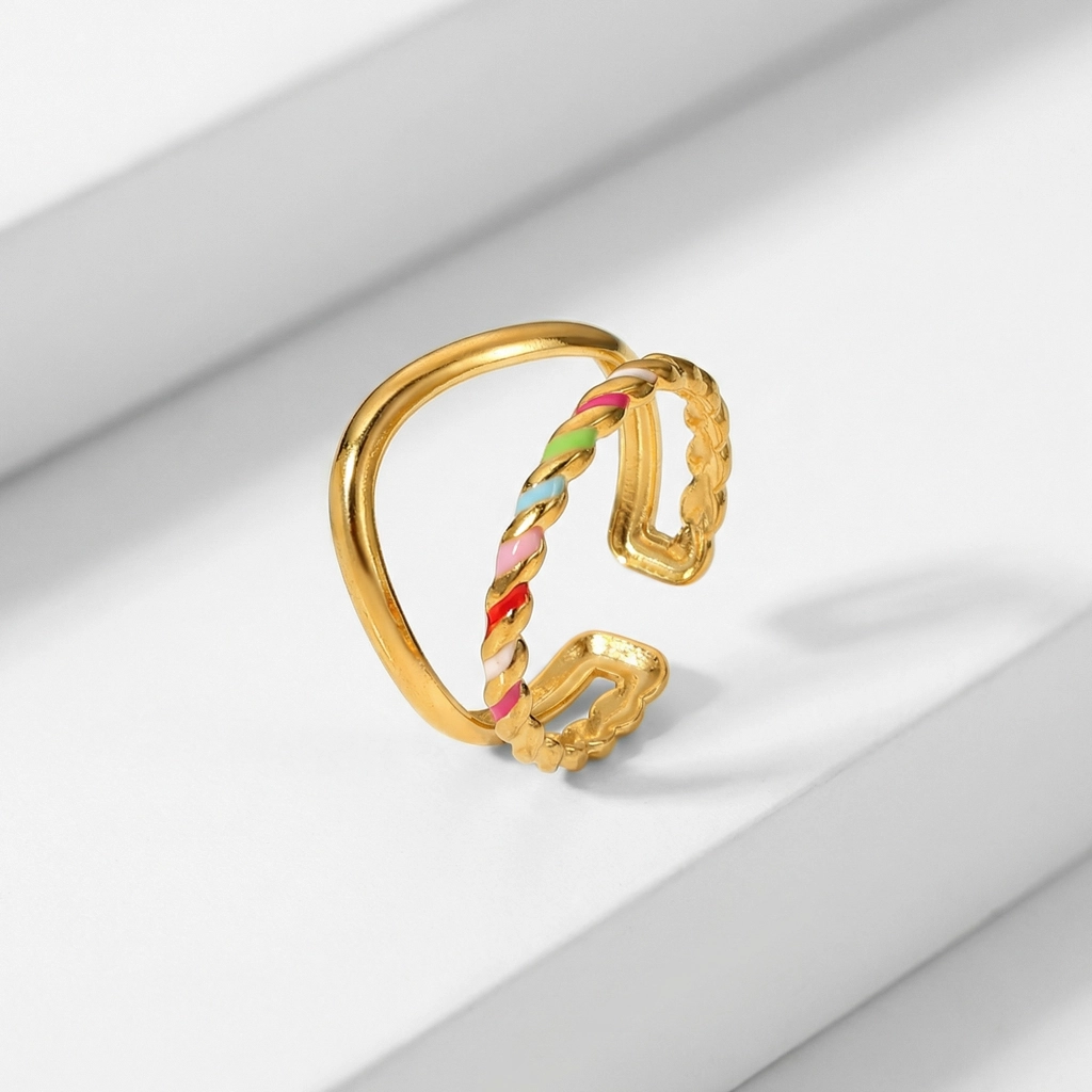 Colorful Enamel Twist Double Band Adjustable Ring - Premium Jewelry