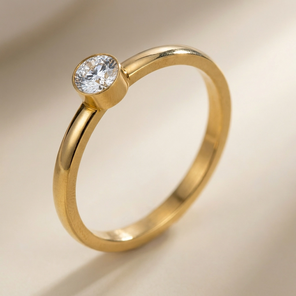 Minimalist Single-stone Cubic Zirconia Ring In 18K Gold-plated Stainless Steel - Standard Jewelry