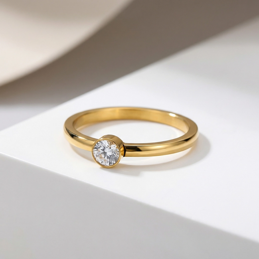 Minimalist Single-stone Cubic Zirconia Ring In 18K Gold-plated Stainless Steel - Standard Jewelry