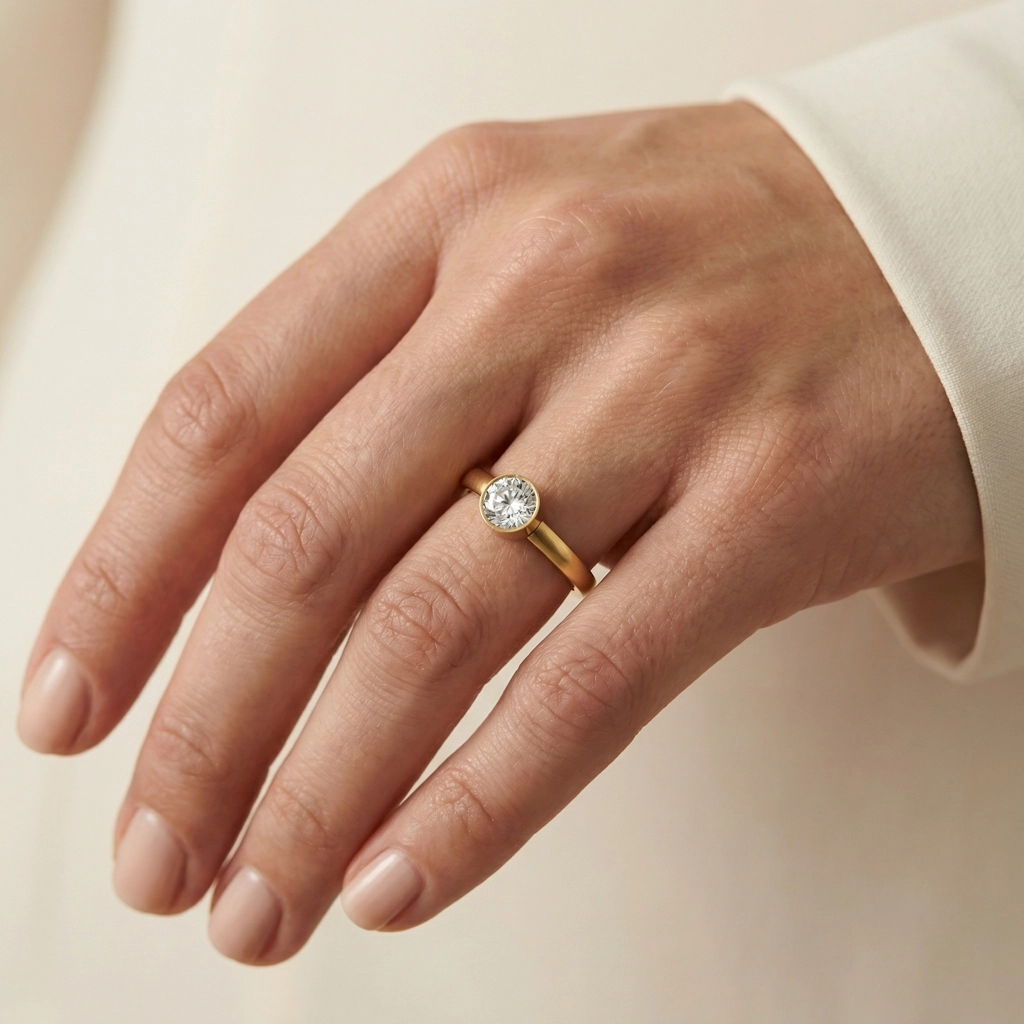 Minimalist Single-stone Cubic Zirconia Ring In 18K Gold-plated Stainless Steel - Standard Jewelry