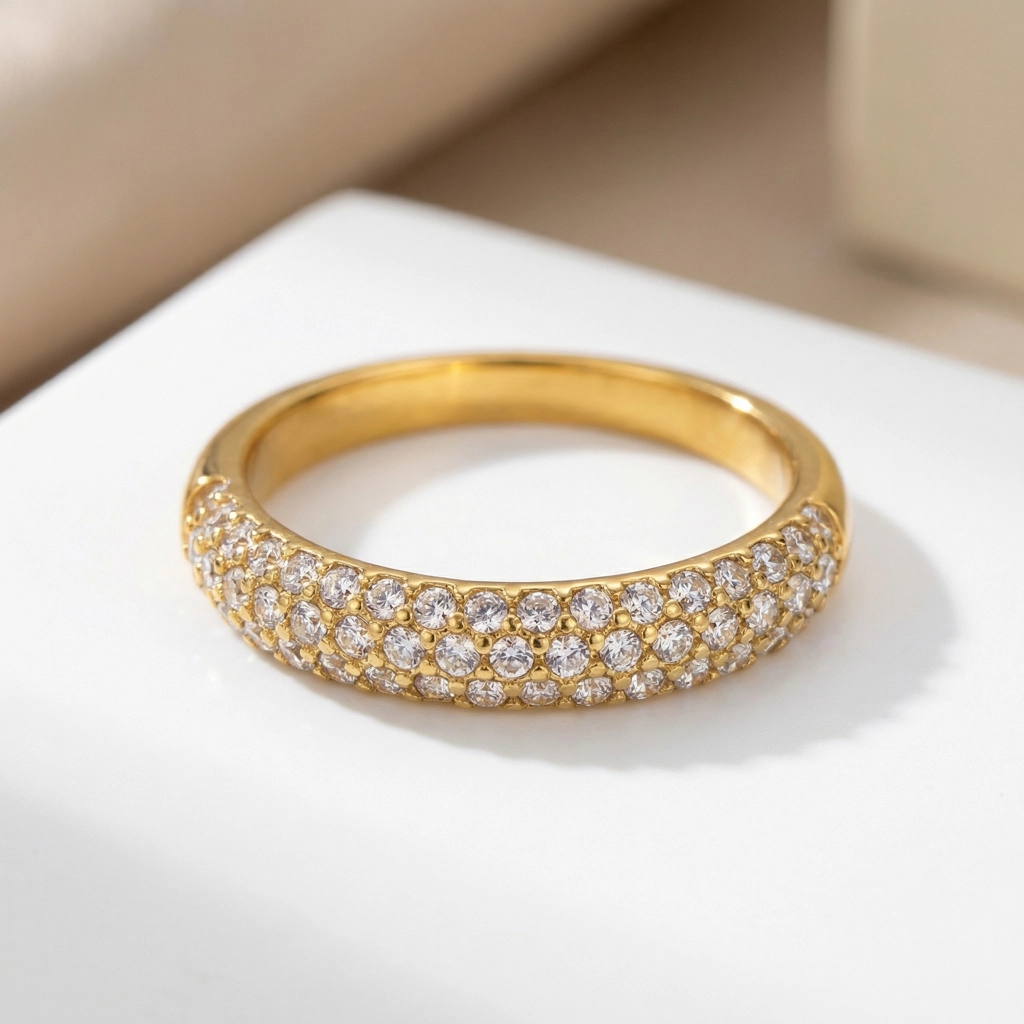 8k Gold Plated Stainless Steel Pave Zircon Band Ring - Premium Jewelry