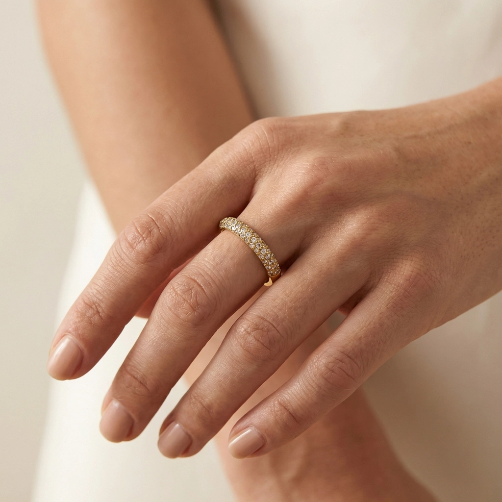 8k Gold Plated Stainless Steel Pave Zircon Band Ring - Premium Jewelry