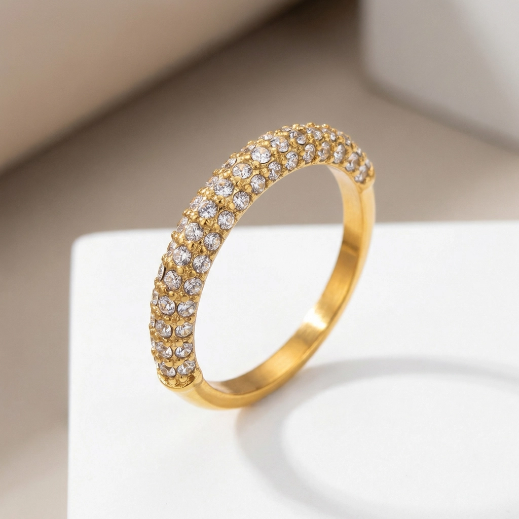 8k Gold Plated Stainless Steel Pave Zircon Band Ring - Premium Jewelry