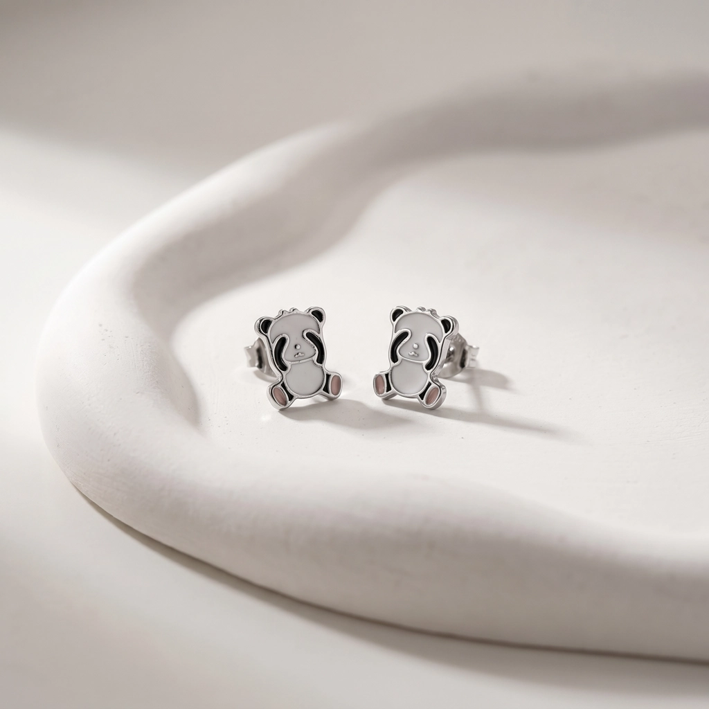 Rhodium Plated 925 Sterling Silver Panda Jewelry Earrings For Kids - Premium Jewelry