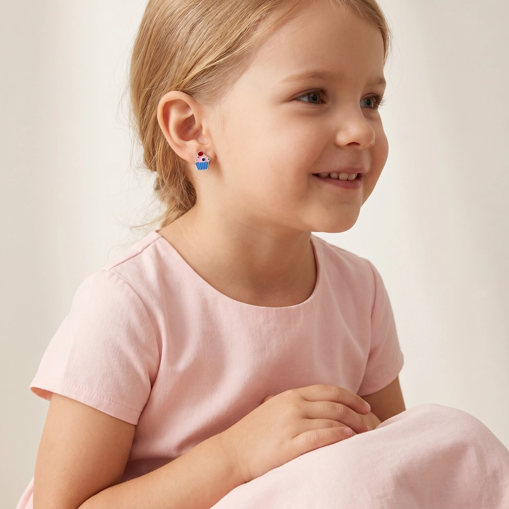Cute Cupcake Enamel Earrings For Kids - Rhodium Plated 925 Sterling Silver - Premium Jewelry