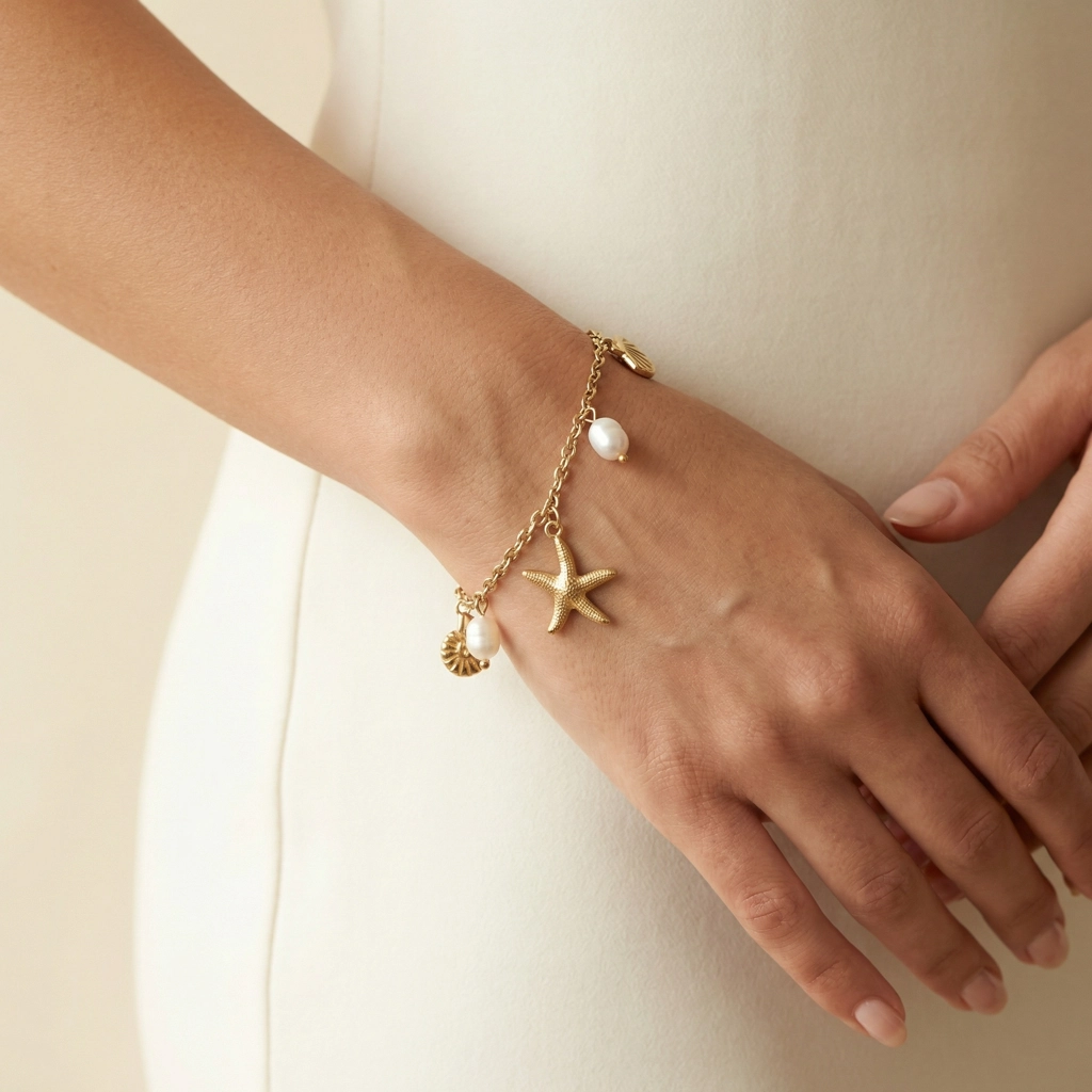 Pearl Shell Charm Bracelet - 18K Gold Plated Stainless Steel - Premium Jewelry