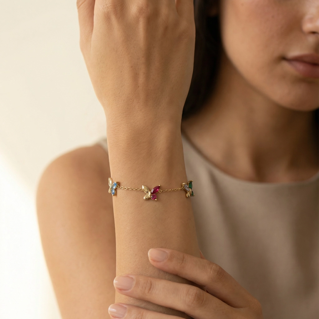 Butterfly Design Multicolor Zircon Stone Bracelet - Gold Jewelry