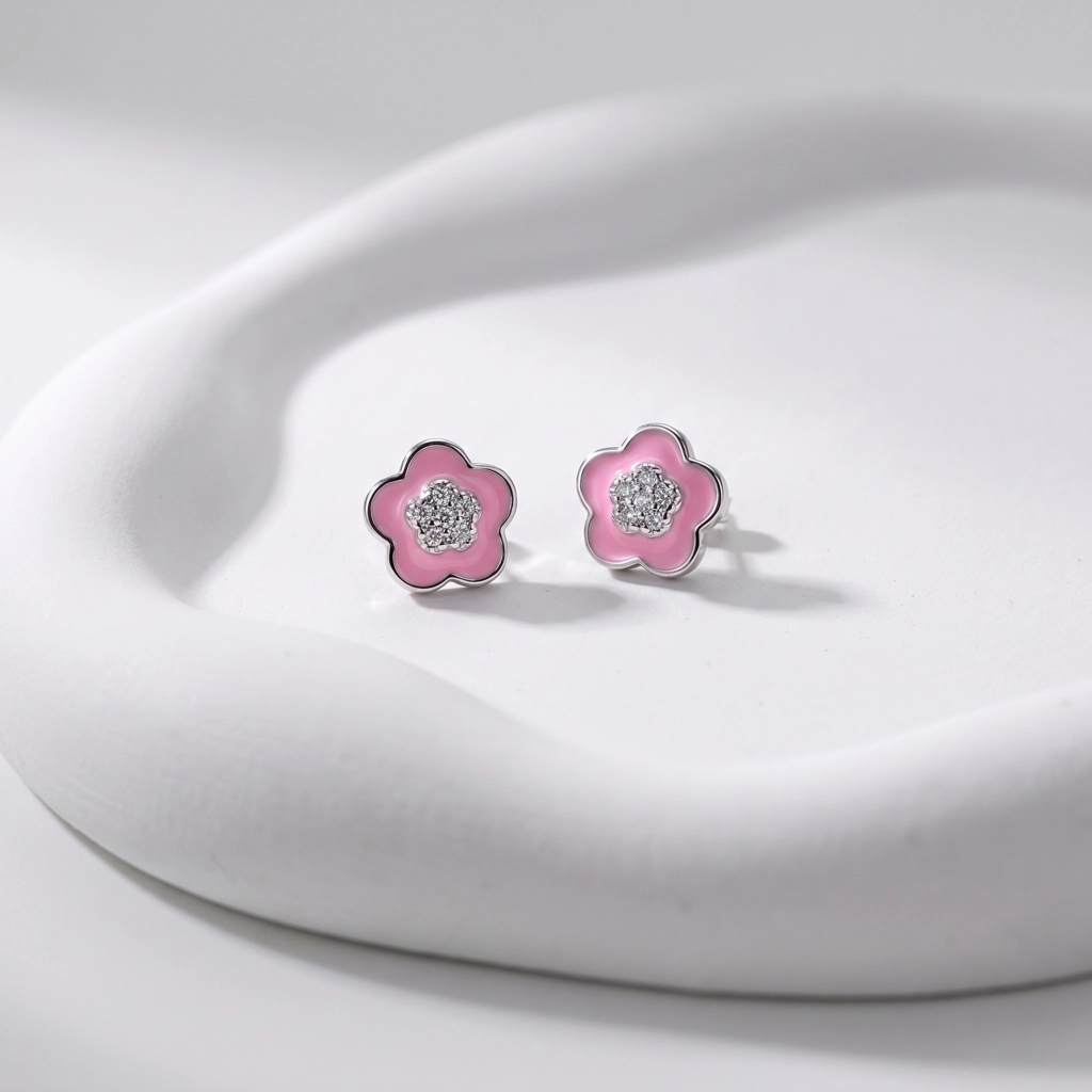 Pink Flower Enamel With Zircon Stone Earrings - Rhodium Plated 925 Sterling Silver - Premium Jewelry