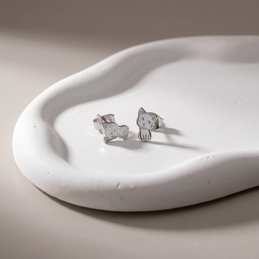 Rhodium Plated 925 Sterling Silver Cute Cat Stud Earrings For Kids - Premium Jewelry