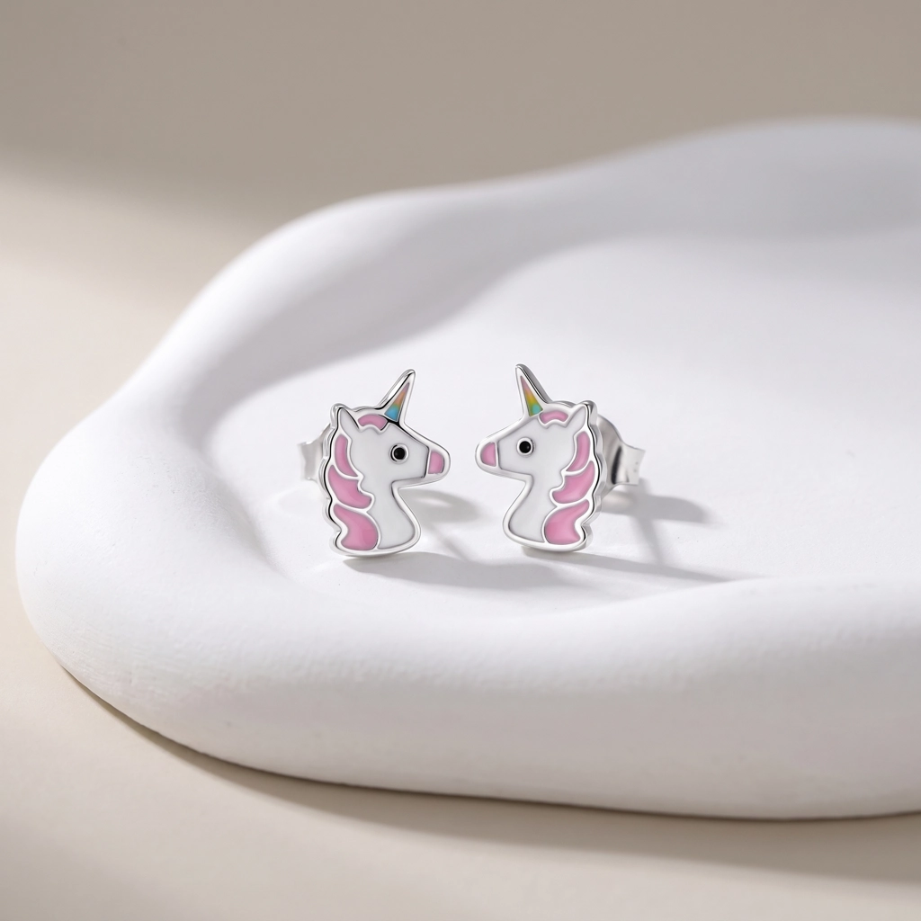 Cute Unicorn Stud Earrings - Rhodium Plated 925 Sterling Silver Kids Jewelry - Premium Jewelry