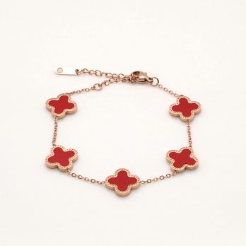 Red Color Four Leaf Clover Stainless Steel 18k Rose Gold Plated Bracelet
